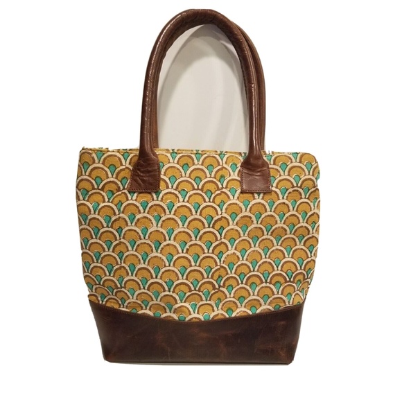 Joyn Handbags - JOYN Cotton Tote Arch Print Brown Leather Yellow Green Shoulder Bag Lined Pocket